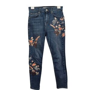 Topshop Moto Jamie Jeans W28 Blue Embroidered Floral Skinny Cropped Women's